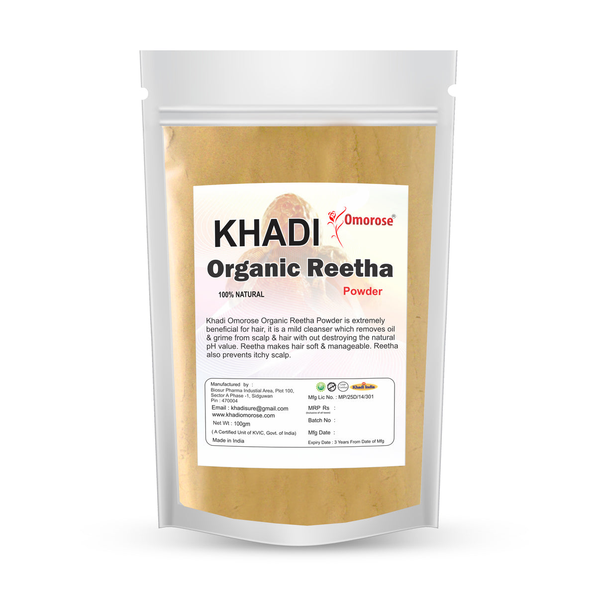 Khadi Omorose 100% Pure & Organic Reetha Powder Hair Cleanser | 100% Natural, Chemical-Free, Maintains pH Value, Conditions Hair, Adds Shine | Resealable Zipper pouch | (100gm.)