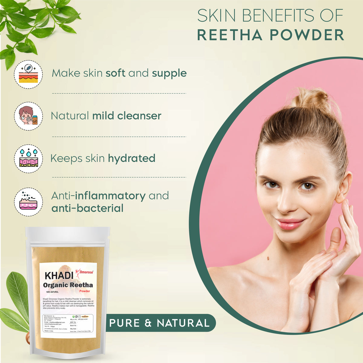 Khadi Omorose 100% Pure & Organic Reetha Powder Hair Cleanser | 100% Natural, Chemical-Free, Maintains pH Value, Conditions Hair, Adds Shine | Resealable Zipper pouch | (100gm.)
