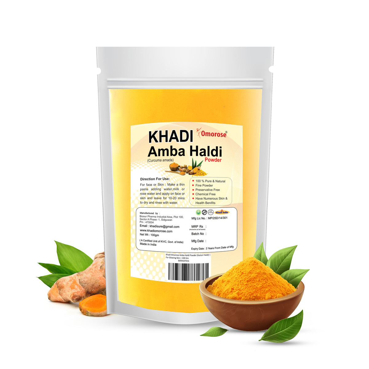 Khadi Omorose Amba Haldi Powder,Pack of 100 Gm…