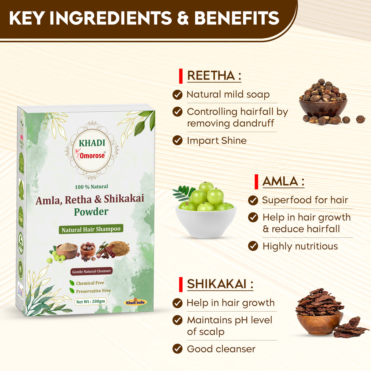 Khadi Omorose Amla, Retha & Shikakai Powder for Hair Growth | Natural Hair Shampoo | Chemical Free, Preservative Free, Paraben & Sles Free | 200g