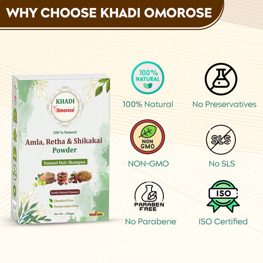 Khadi Omorose Amla, Retha & Shikakai Powder for Hair Growth | Natural Hair Shampoo | Chemical Free, Preservative Free, Paraben & Sles Free | 200g