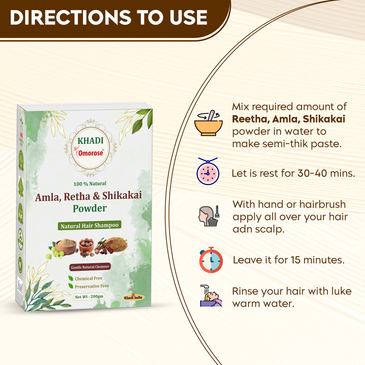 Khadi Omorose Amla, Retha & Shikakai Powder for Hair Growth | Natural Hair Shampoo | Chemical Free, Preservative Free, Paraben & Sles Free | 200g