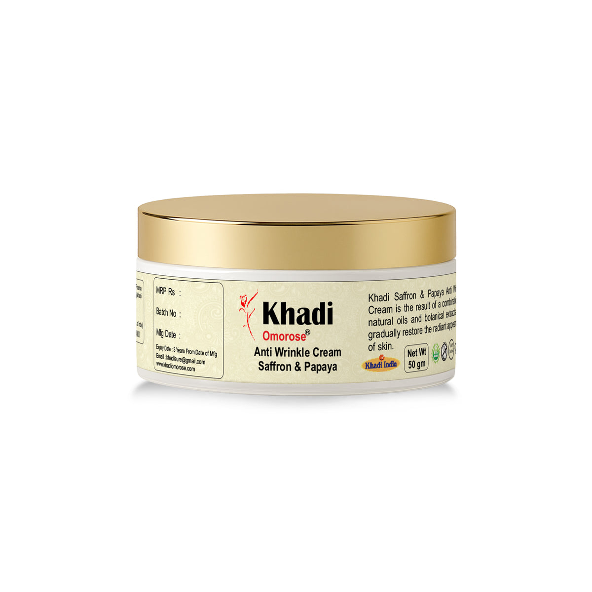 Khadi Omorose Anti Wrinkle Cream With Skin Tightining Effect With Almond, Saffron & Papaya, 50 Gm