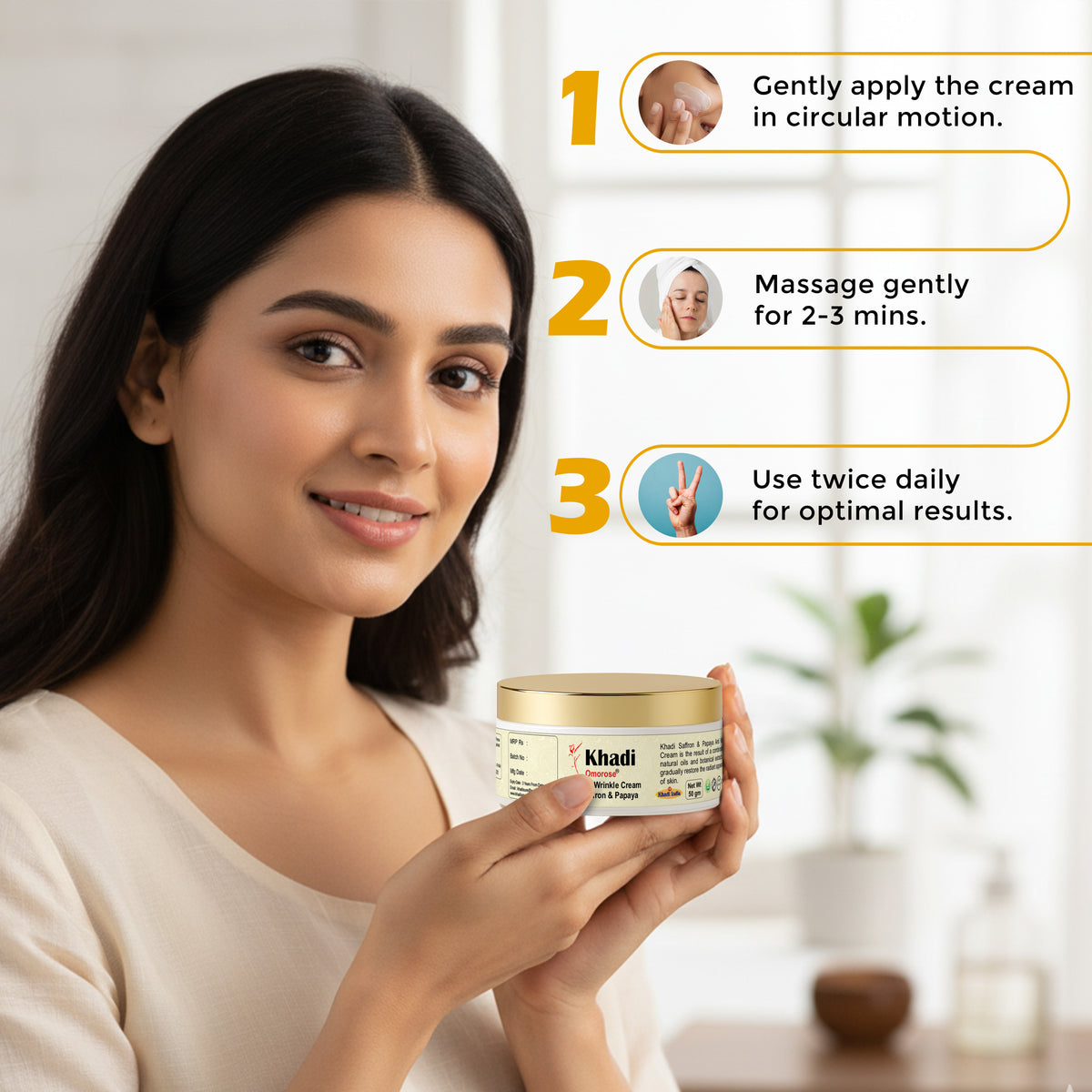 Khadi Omorose Anti Wrinkle Cream With Skin Tightining Effect With Almond, Saffron & Papaya, 50 Gm