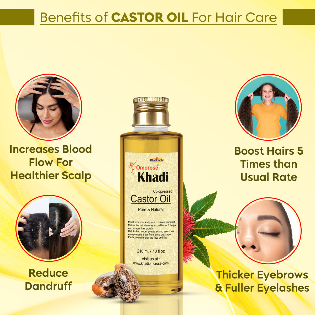 Khadi Omorose Castor Oil | Coldpressed & Hexane Free| Supports Stronger Hair| Hydrates Skin | Healthy Eyelashes Eyebrows, Lips & Nails -210 Ml