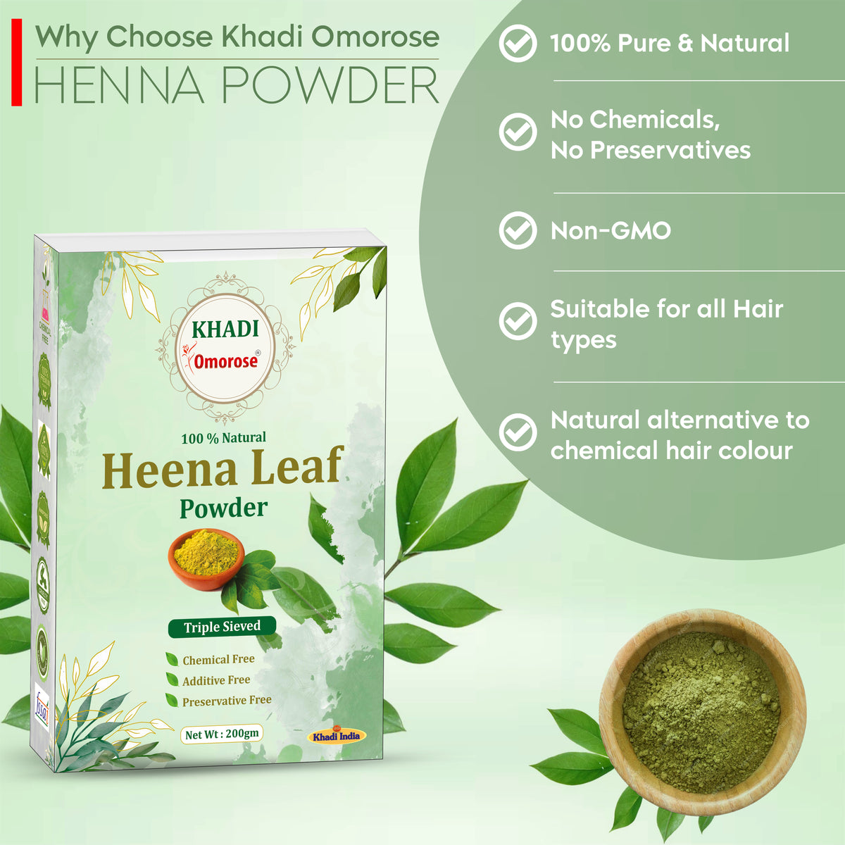 Khadi Omorose Heena (Mehendi) powder for hair color | 200 gram | Natural | Triple Sieved | Resealable Stand Zipper Pouch