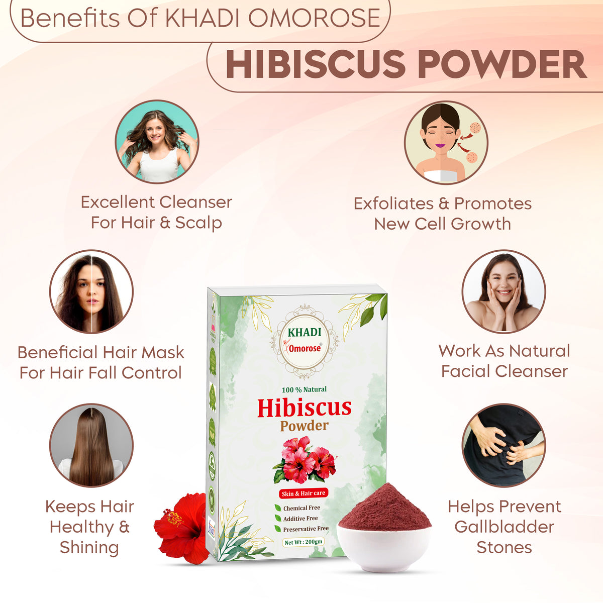 Khadi Omorose Hibiscus Flower Powder | 200 Grams |Fights Dandruff, Adds Shine, Anti-Ageing Benefits, Exfoliates, Hydrates, Moisturizes |100% Natural, Chemical-Free for Hair & Skin Care