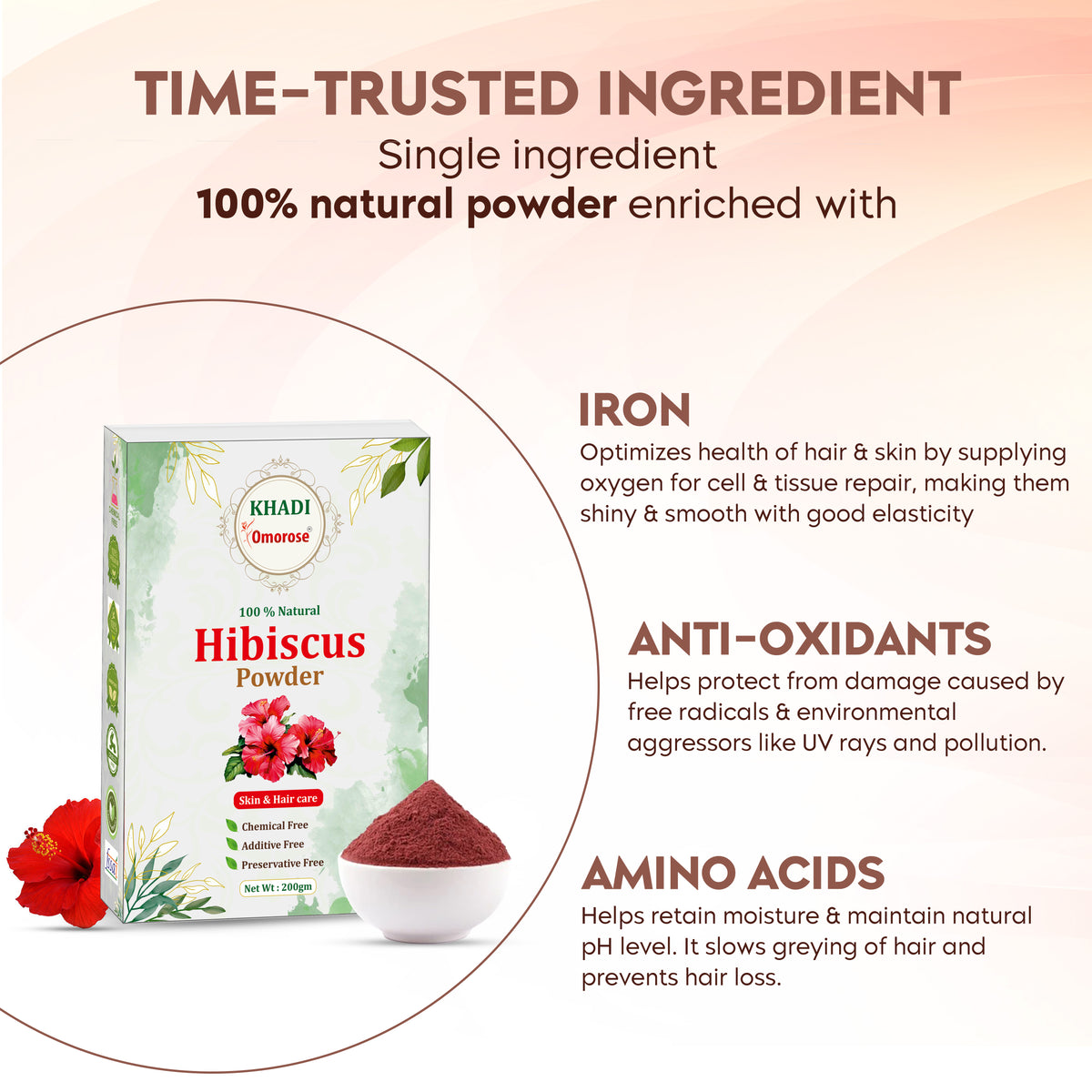 Khadi Omorose Hibiscus Flower Powder | 200 Grams |Fights Dandruff, Adds Shine, Anti-Ageing Benefits, Exfoliates, Hydrates, Moisturizes |100% Natural, Chemical-Free for Hair & Skin Care