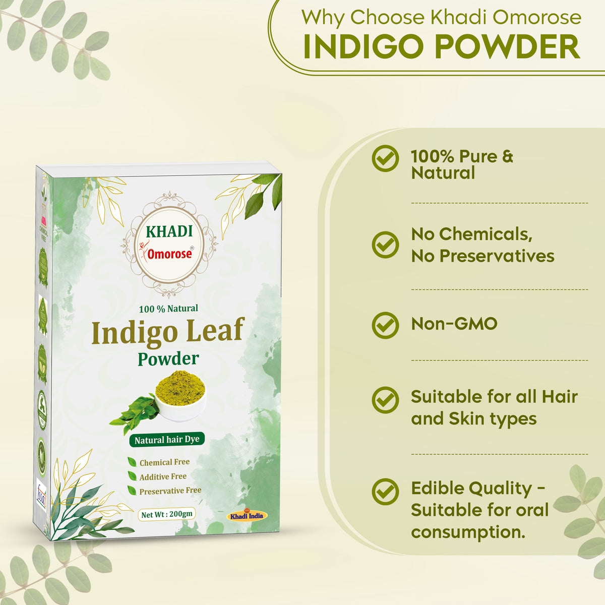 Khadi Omorose Indigo Leaf Powder for Black hair | 200 Grams | Natural hair color, Chemical free | Resealable Zipper Stand Pouch