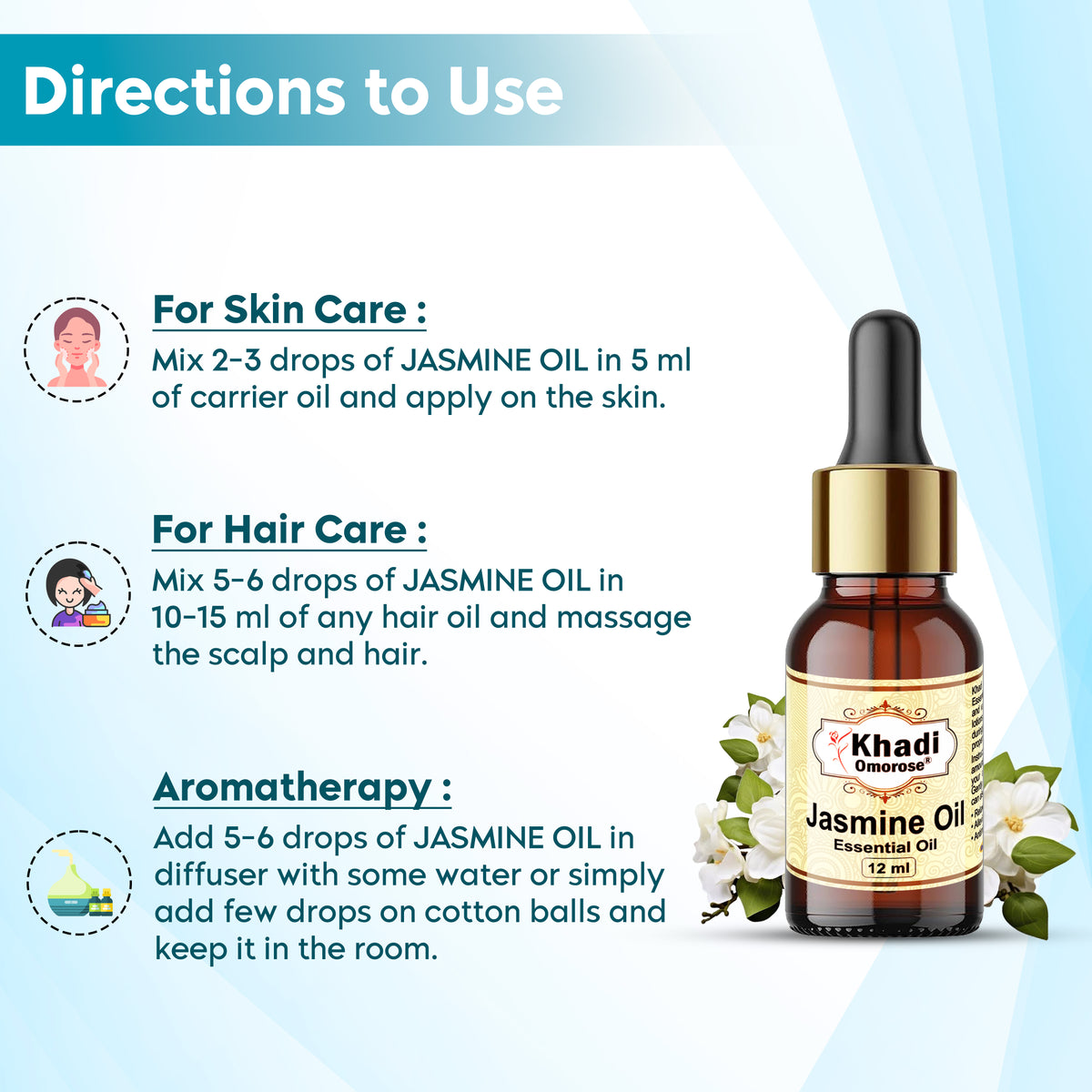 Khadi Omorose Jasmine Essential Oil with Self Dispensing Dropper Plug -12 ml