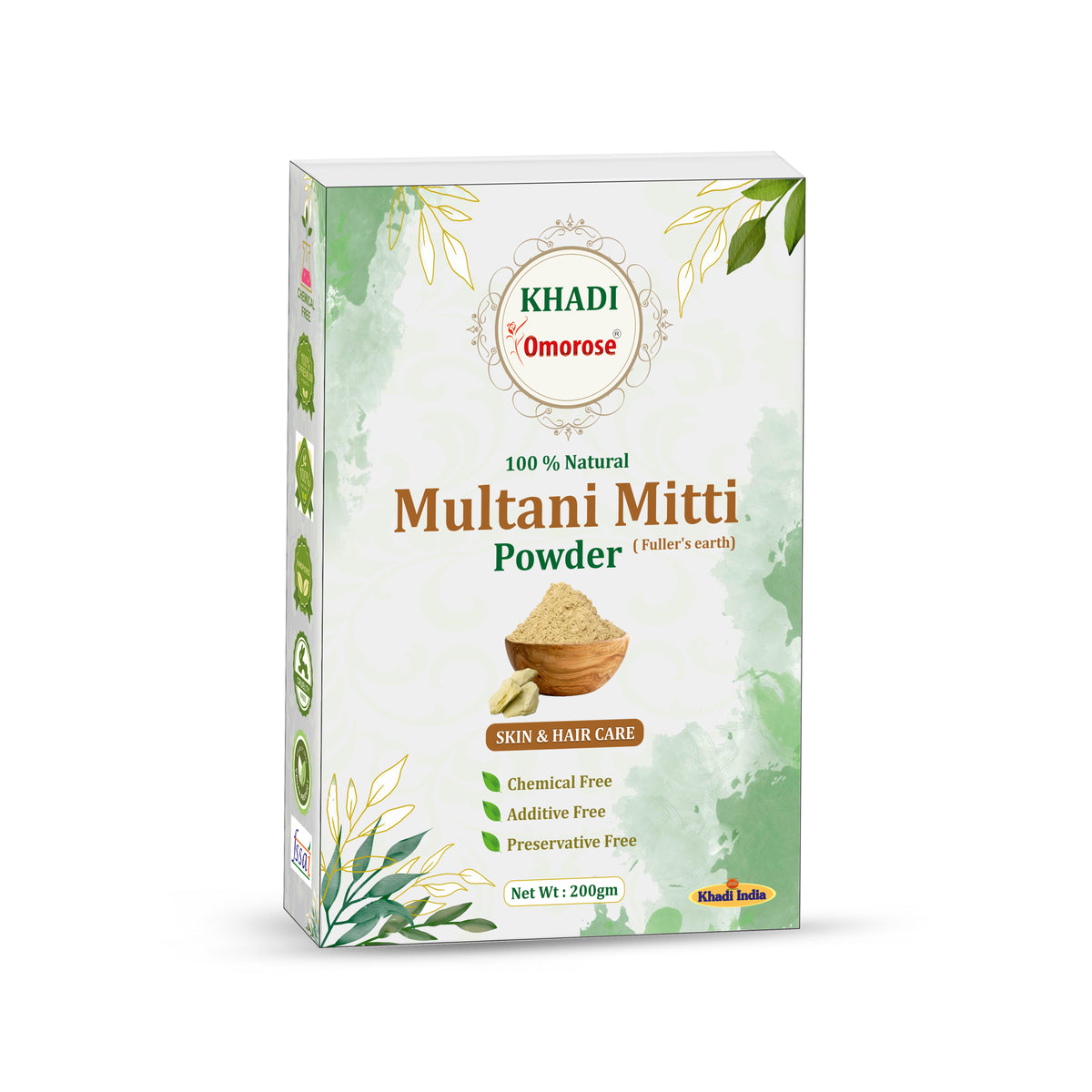 Khadi Omorose Multani Mitti Powder for Hair and Skin Care | 200 Grams | 100% & Pure & natural | Soft & Glowing Skin | Exfoliator | Softner | Nourishment | Fuller's Earth | Resealable Zipper Pouch pack