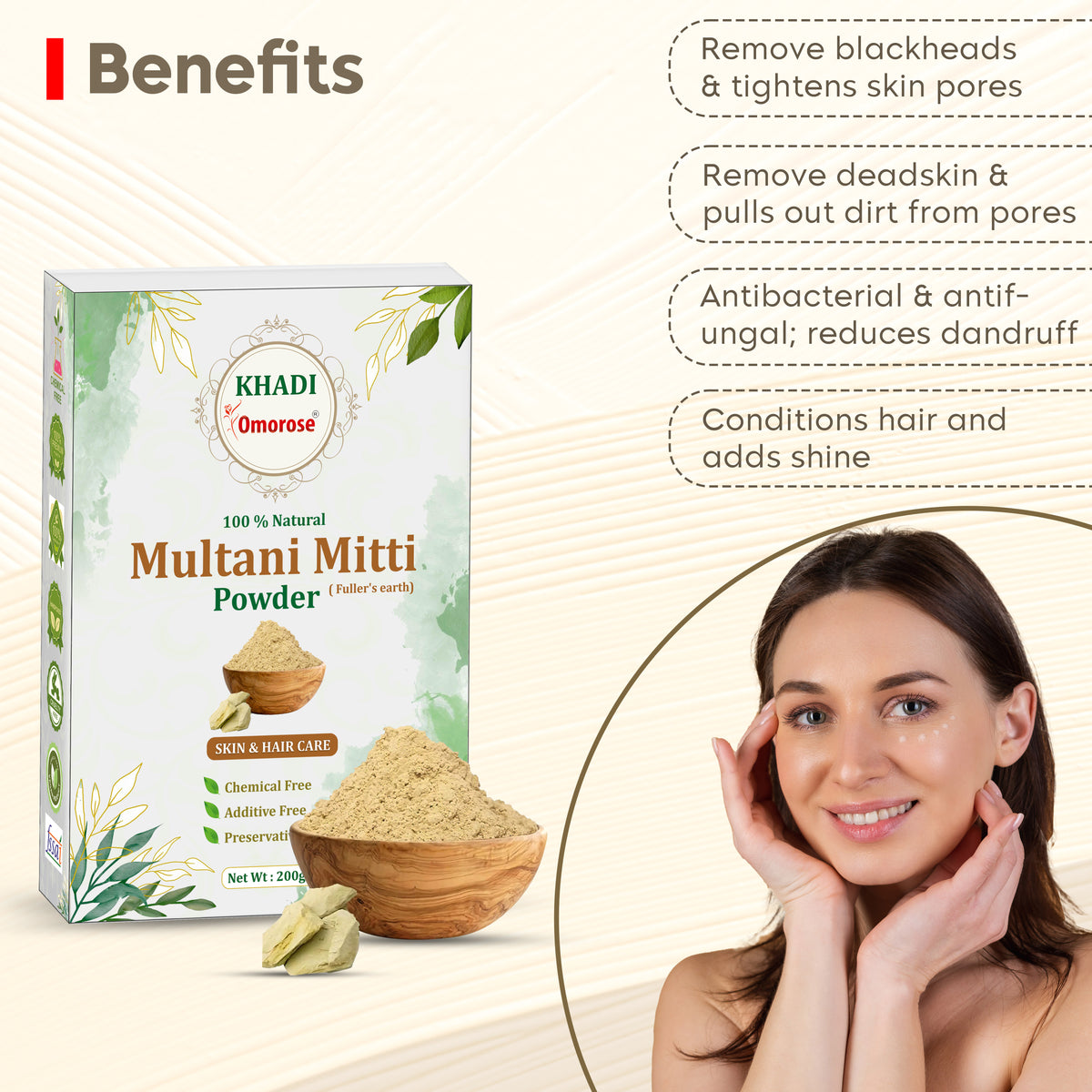 Khadi Omorose Multani Mitti Powder for Hair and Skin Care | 200 Grams | 100% & Pure & natural | Soft & Glowing Skin | Exfoliator | Softner | Nourishment | Fuller's Earth | Resealable Zipper Pouch pack