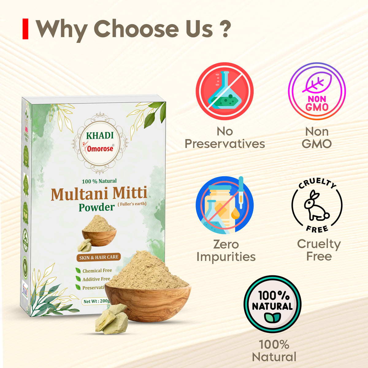 Khadi Omorose Multani Mitti Powder for Hair and Skin Care | 200 Grams | 100% & Pure & natural | Soft & Glowing Skin | Exfoliator | Softner | Nourishment | Fuller's Earth | Resealable Zipper Pouch pack