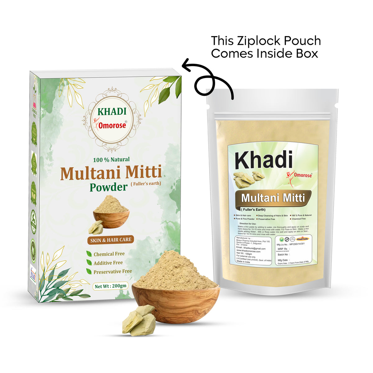 Khadi Omorose Multani Mitti Powder for Hair and Skin Care | 200 Grams | 100% & Pure & natural | Soft & Glowing Skin | Exfoliator | Softner | Nourishment | Fuller's Earth | Resealable Zipper Pouch pack