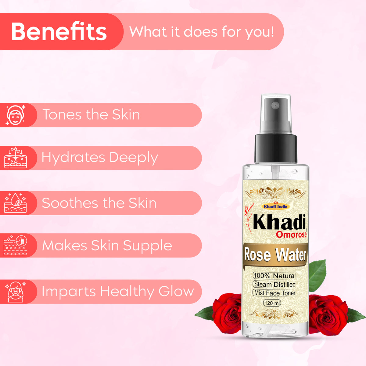 Khadi Omorose Rose Water Liquid 120 ml, Natural & Steam Distilled