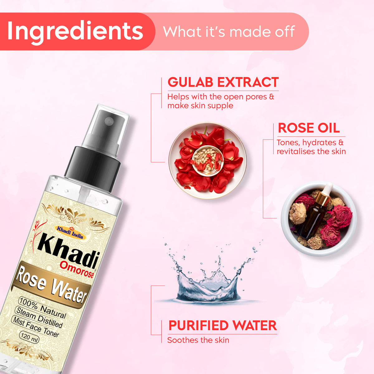 Khadi Omorose Rose Water Liquid 120 ml, Natural & Steam Distilled