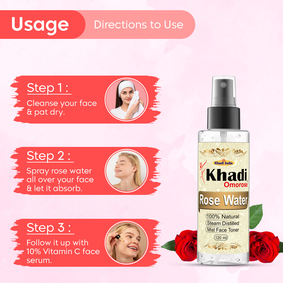 Khadi Omorose Rose Water Liquid 120 ml, Natural & Steam Distilled