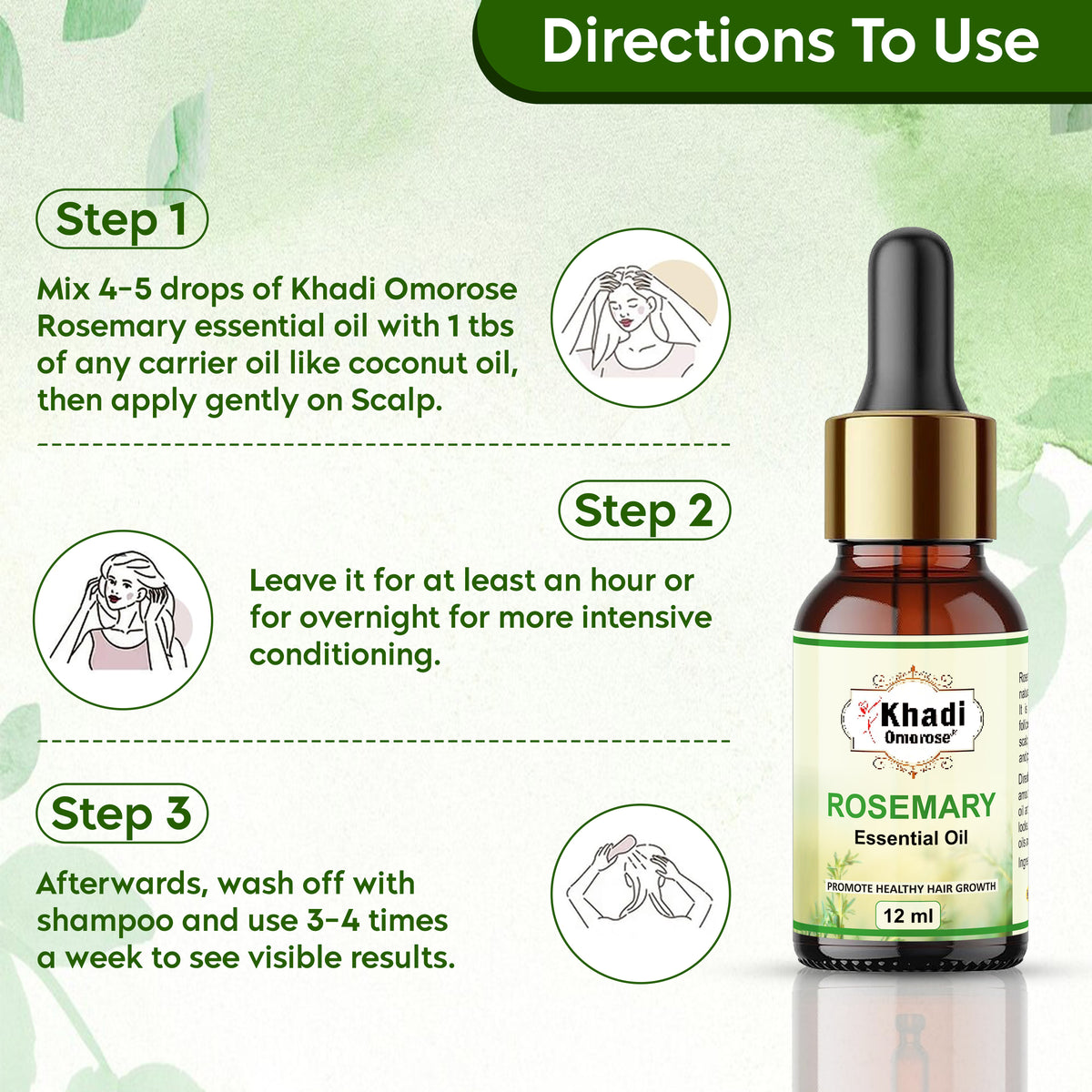 Khadi Omorose Rosemary Essential Oil, Pure Natural Undiluted, for Hair Growth, Skin Care, Hair Fall Control, 12 ml