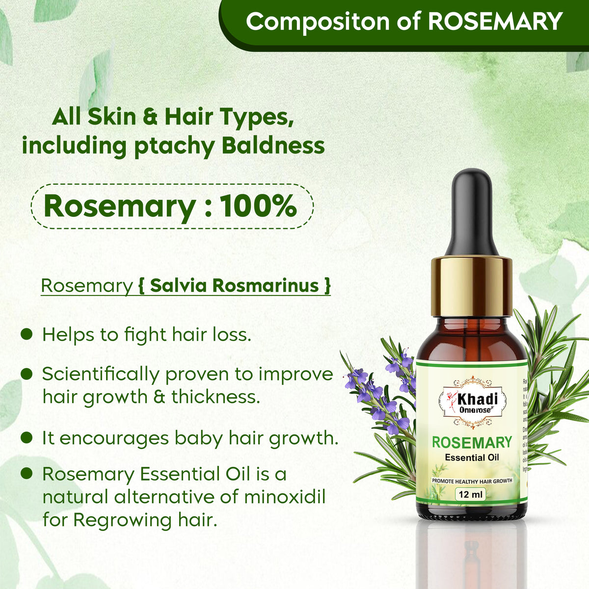 Khadi Omorose Rosemary Essential Oil, Pure Natural Undiluted, for Hair Growth, Skin Care, Hair Fall Control, 12 ml