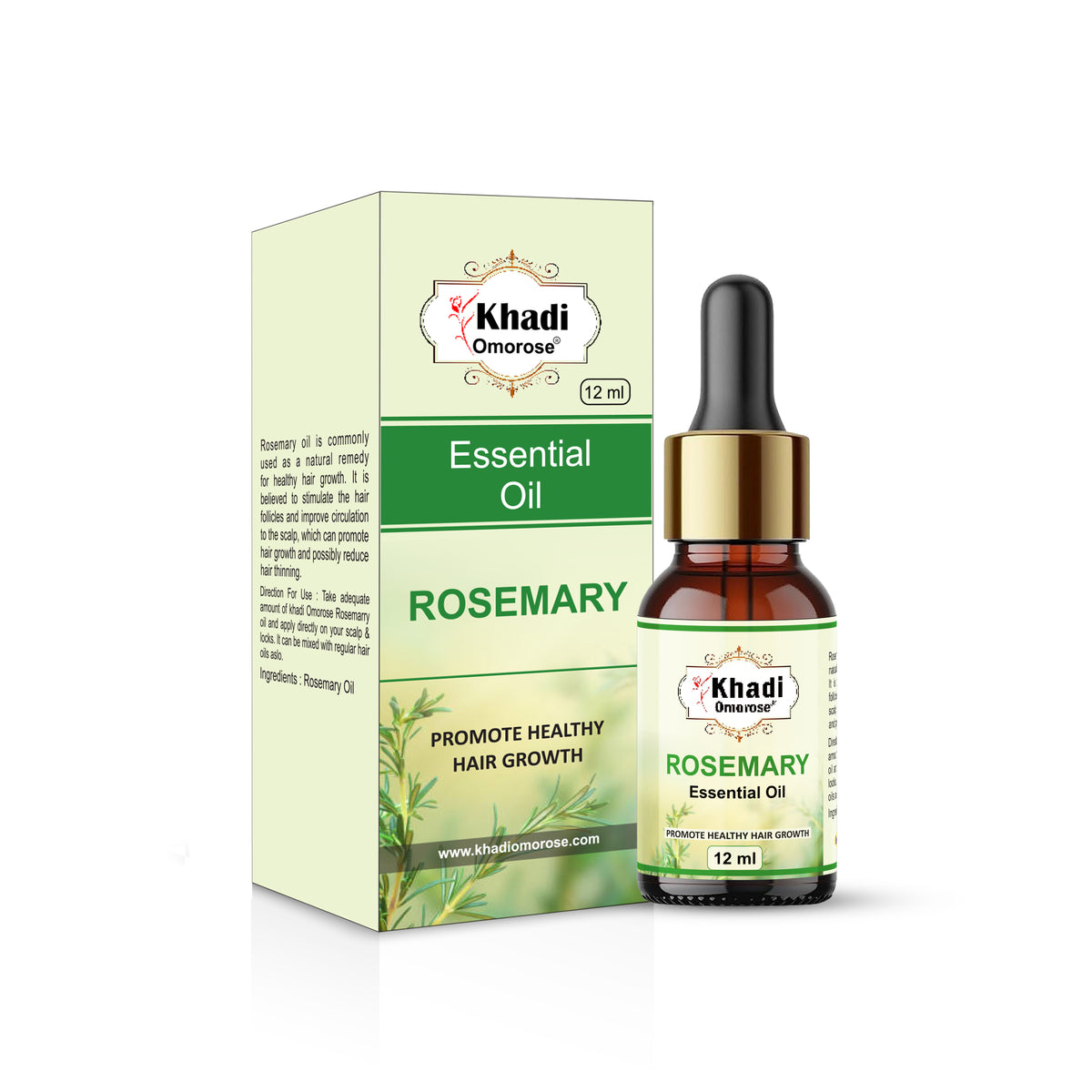 Khadi Omorose Rosemary Essential Oil, Pure Natural Undiluted, for Hair Growth, Skin Care, Hair Fall Control, 12 ml